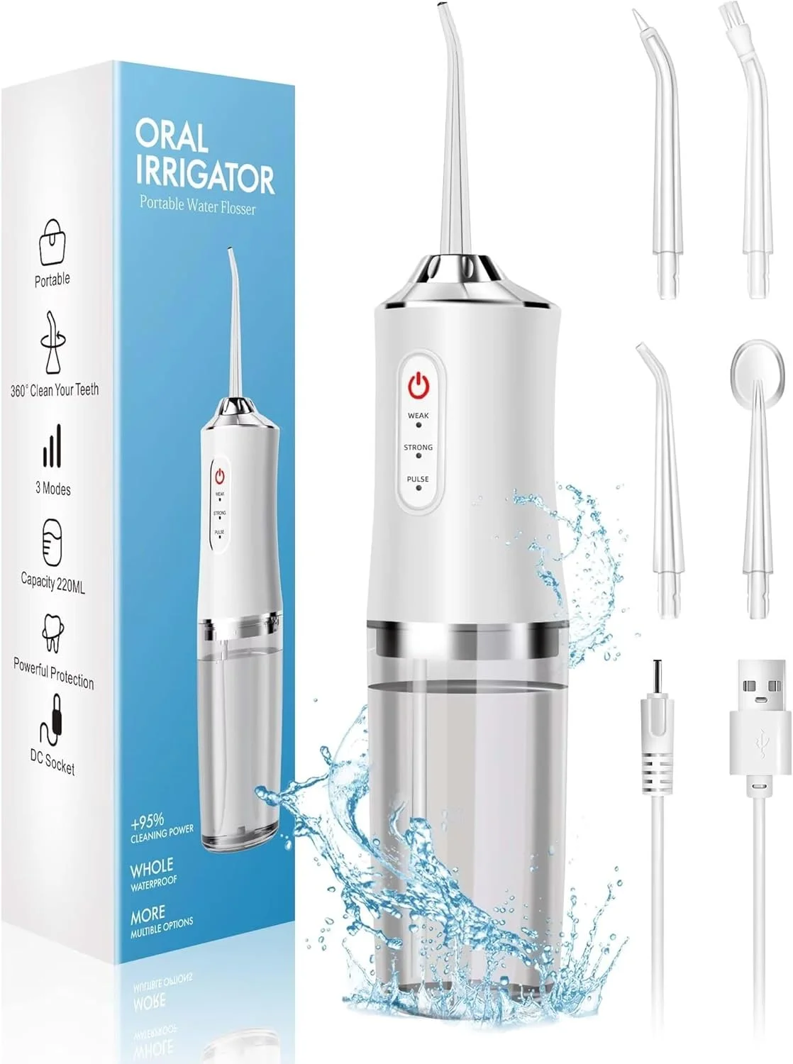 دستگاه شستشوی دهان و دندان LAMEIZ - دارای 4 نازل و 3 حالت، قابل حمل و بدون سیم، مناسب برای تمیز کردن دندان ها، ضد آب IPX7، قابل شارژ، مناسب برای مسافرت، منزل، لثه و مراقبت از ارتودنسی - سفید