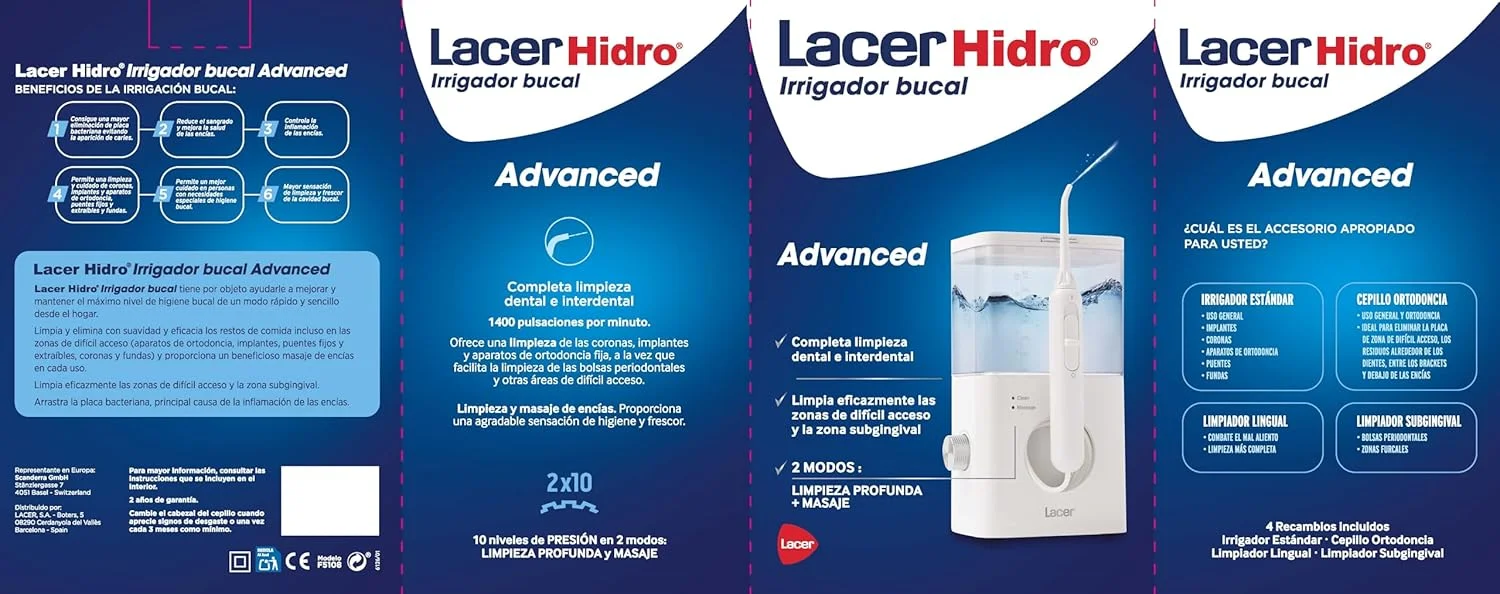 دستگاه شستشوی دهان Lacer Hidro Advanced به همراه 4 سری، مسواک برقی و دهانشویه، پاکسازی عمیق، ماساژ لثه، تمیز کننده زبانی و زیر لثه ای، 10 سطح فشار، سفید