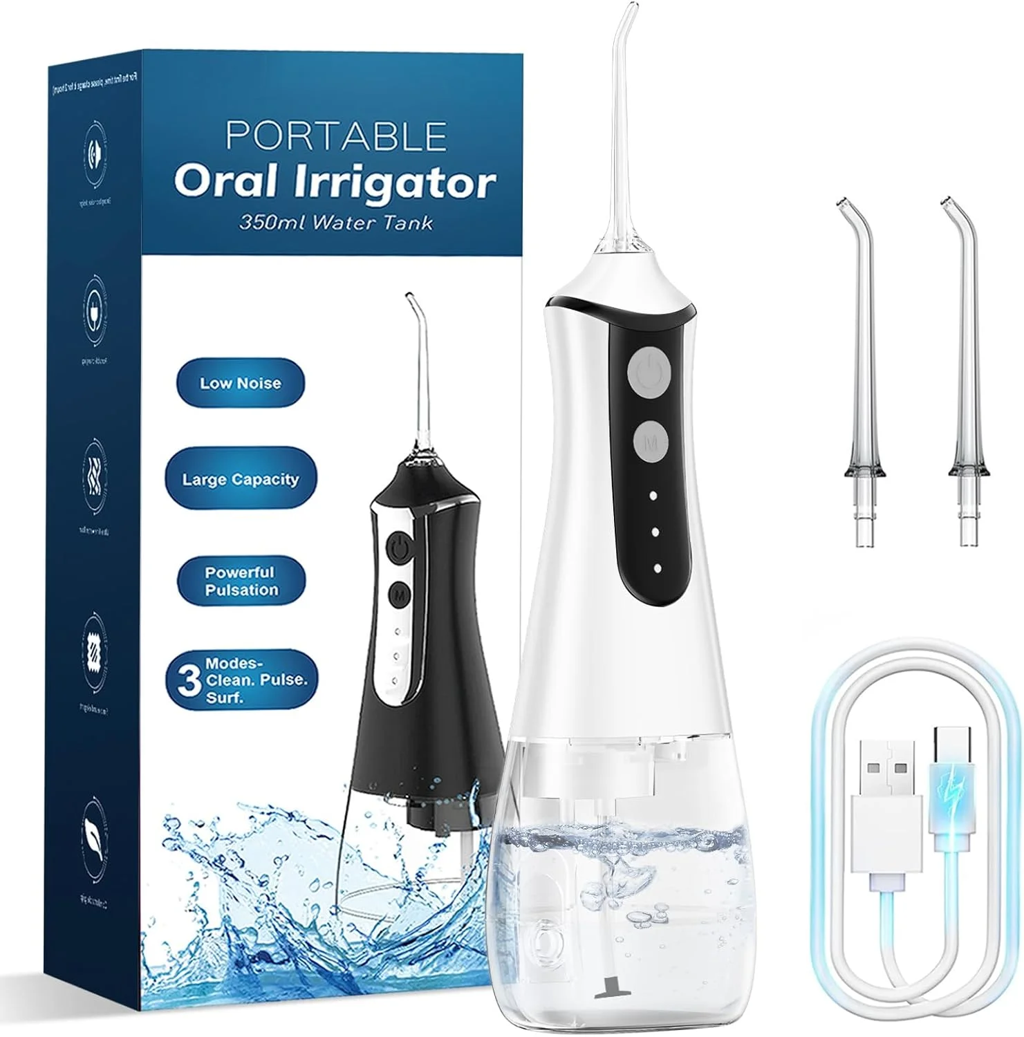 دستگاه نخ دندان آبی بی سیم KOOSREEL، دستگاه آبیاری دهان و دندان، 350 میلی لیتر، قابل حمل برای مراقبت از دندان، مناسب برای استفاده در منزل و مسافرت، 3 حالت، سفید