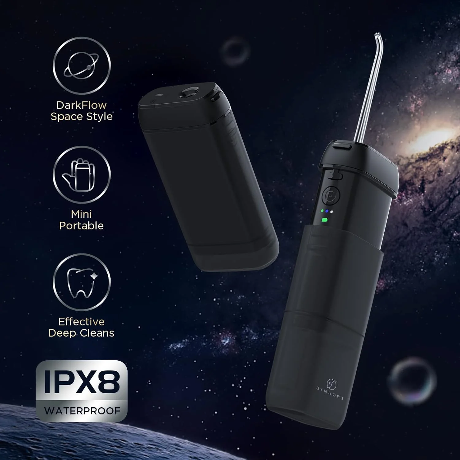 واتر فلاسر کوچک، بی سیم و قابل حمل - پاک کننده دندان با مخزن تلسکوپی، 3 حالت و ضد آب IPX7 - مناسب برای استفاده در خانه و مسافرت، مراقبت از دندان، ارتودنسی و بریج (مشکی)