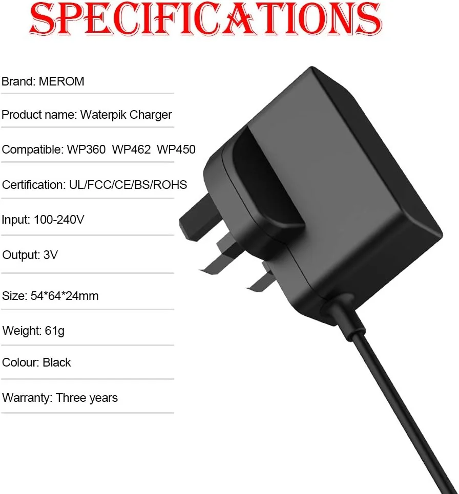 شارژر نخ دندان آبی MEROM مدل YLA-03010 سازگار با نخ دندان آبی Waterpik مدل های WP360 WP360W WP462 WP462W WP450 WP450W آداپتور برق