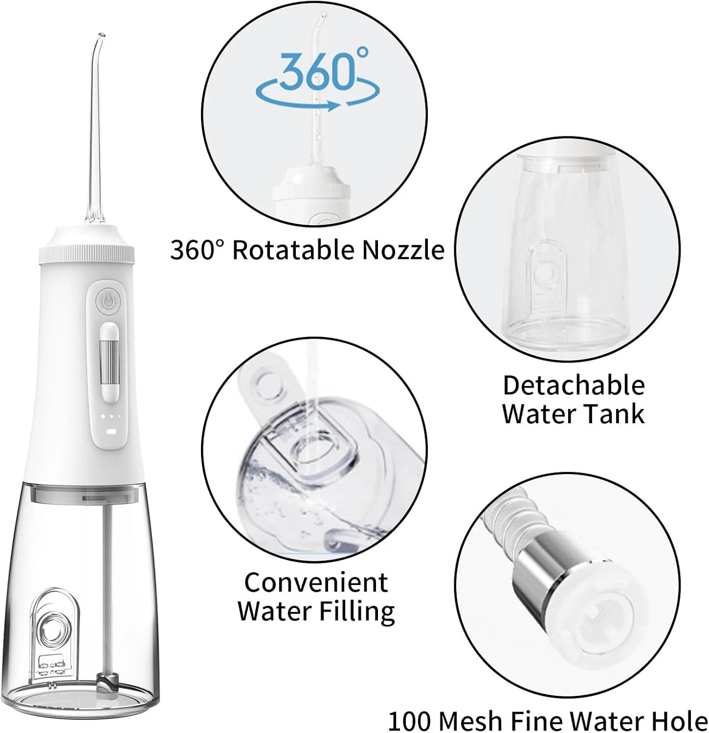 دستگاه نخ دندان آبی، نخ دندان آبی برای دندان، دستگاه نخ دندان آبی قابل حمل 300 میلی لیتری، تمیز کننده دندان مسافرتی قابل شارژ، 4 حالت و 4 سری جت، دستگاه حرفه ای برقی نخ دندان (سفید)