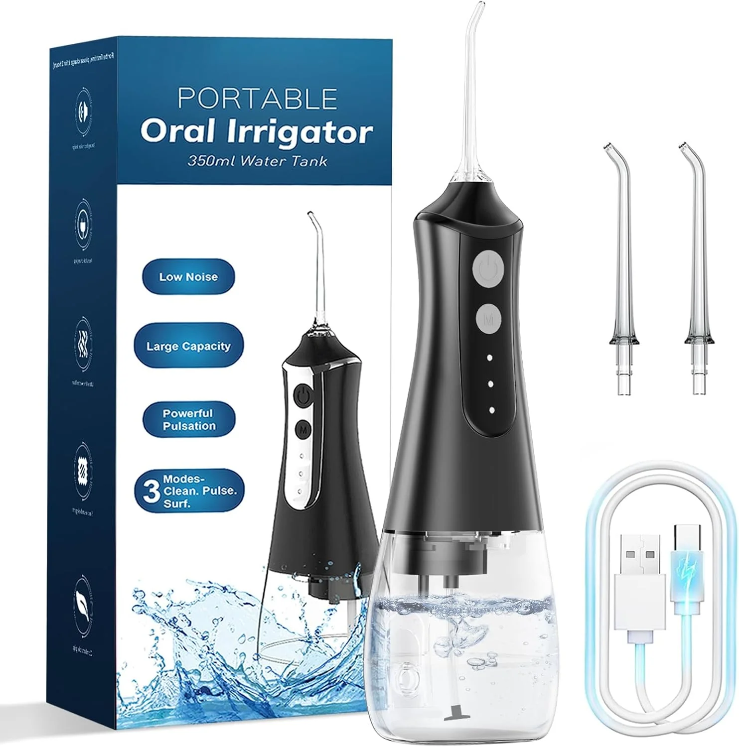 دستگاه نخ دندان آبی بی سیم KOOSREEL، دستگاه شستشوی دهان و دندان، 350 میلی لیتر، قابل حمل برای مراقبت از دندان، مناسب برای استفاده در منزل و مسافرت، 3 حالت، مشکی
