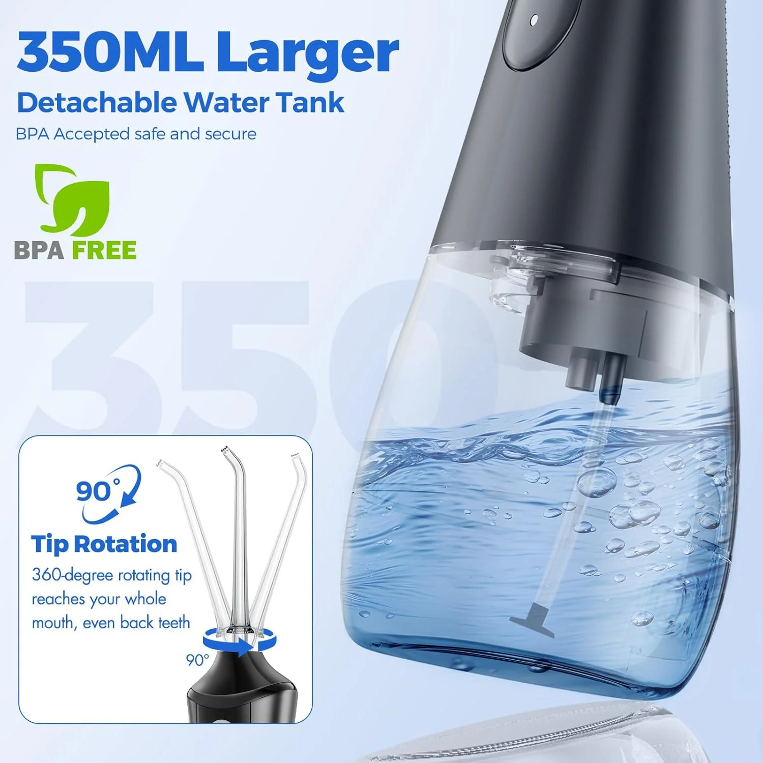 دستگاه نخ دندان آبی بی سیم KOOSREEL، دستگاه شستشوی دهان و دندان، 350 میلی لیتر، قابل حمل برای مراقبت از دندان، مناسب برای استفاده در منزل و مسافرت، 3 حالت، مشکی