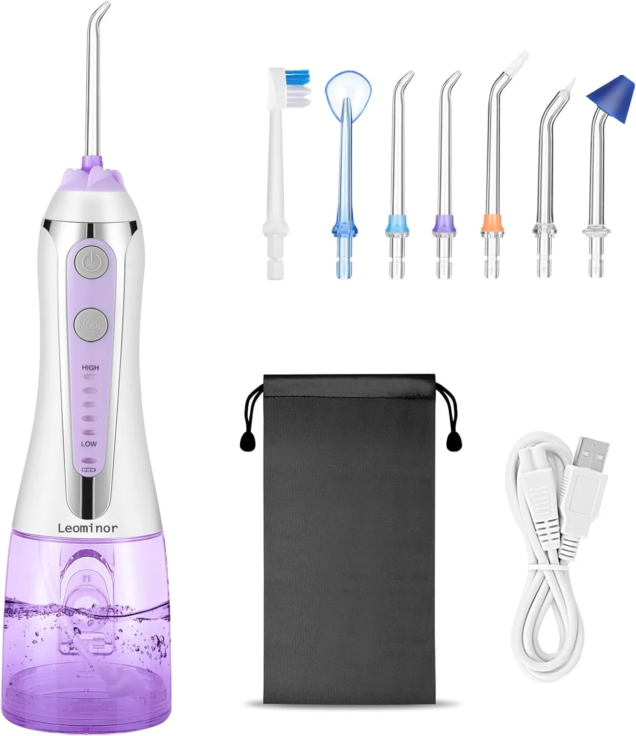 Leominor [نسخه جدید 2023] دستگاه شستشوی دهان و دندان بی سیم حرفه ای، دستگاه تمیز کننده دندان قابل حمل IPX7 ضد آب، با کیف مسافرتی و 7 نازل جت، قابل شارژ برای خانه و مسافرت