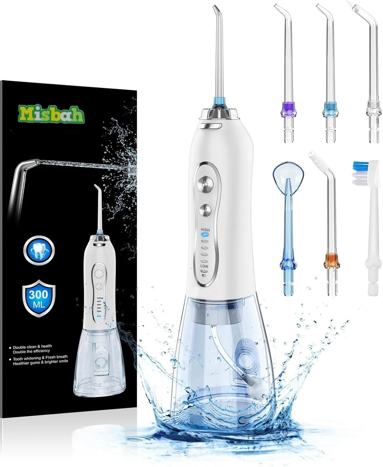 دستگاه شستشوی دهان و دندان بی سیم MISBAH، قابل حمل و شارژی، دارای 5 حالت و 6 سری، مخزن آب 300 میلی لیتری، مناسب برای استفاده در منزل و مسافرت، مراقبت از ارتودنسی و بریج
