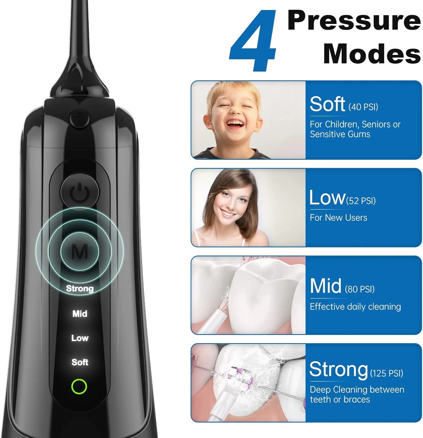 دستگاه شستشوی دهان و دندان با 5 سری جت، 4 حالت، ضد آب IPX7، مخزن آب جداشدنی 300 میلی لیتری، قابل حمل، شارژی و بدون سیم، مناسب برای منزل و مسافرت