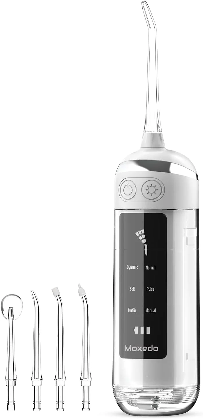 نخ دندان آبی بی سیم Moxedo برای دندان، ارتودنسی، ایمپلنت، لثه و مسافرت، 6 حالت، 4 نازل، شارژ USB-C، مخزن جداشدنی 180 میلی لیتری، ضد آب IPX7 و قابل حمل
