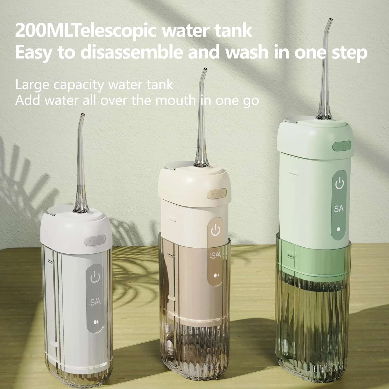 واتر فلاسر دندان، دستگاه آبیاری دهان و دندان قابل حمل با 4 حالت، 5 سری شستشو، مخزن آب تلسکوپی 200 میلی لیتری، ضد آب IPX7، جرم گیر شارژی بی سیم برای دندان، مناسب منزل و مسافرت