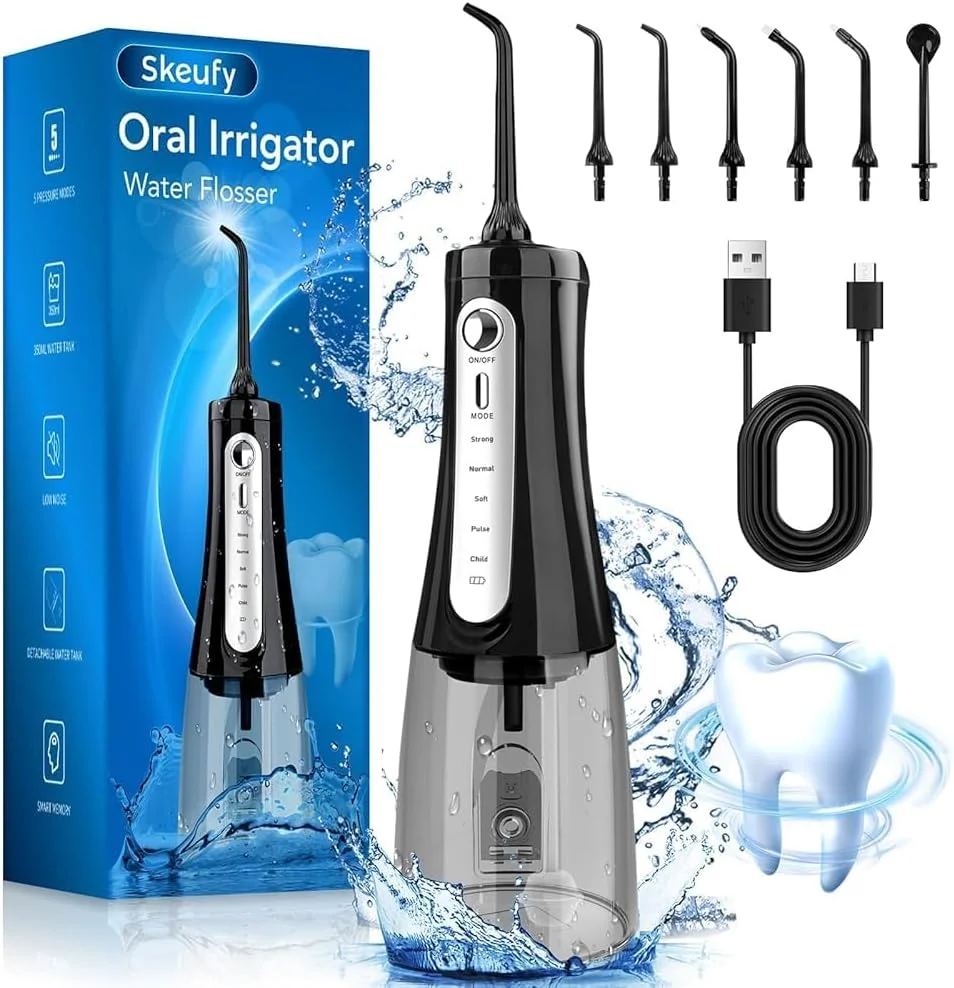 واتر فلاسر دندانی IPX8، بی سیم و قابل حمل، دارای 5 حالت، مخزن آب 300 میلی لیتری، تمیز کننده عمیق 30-180 PSI، تمیز کننده دندان USB قابل شارژ با 6 سری جت