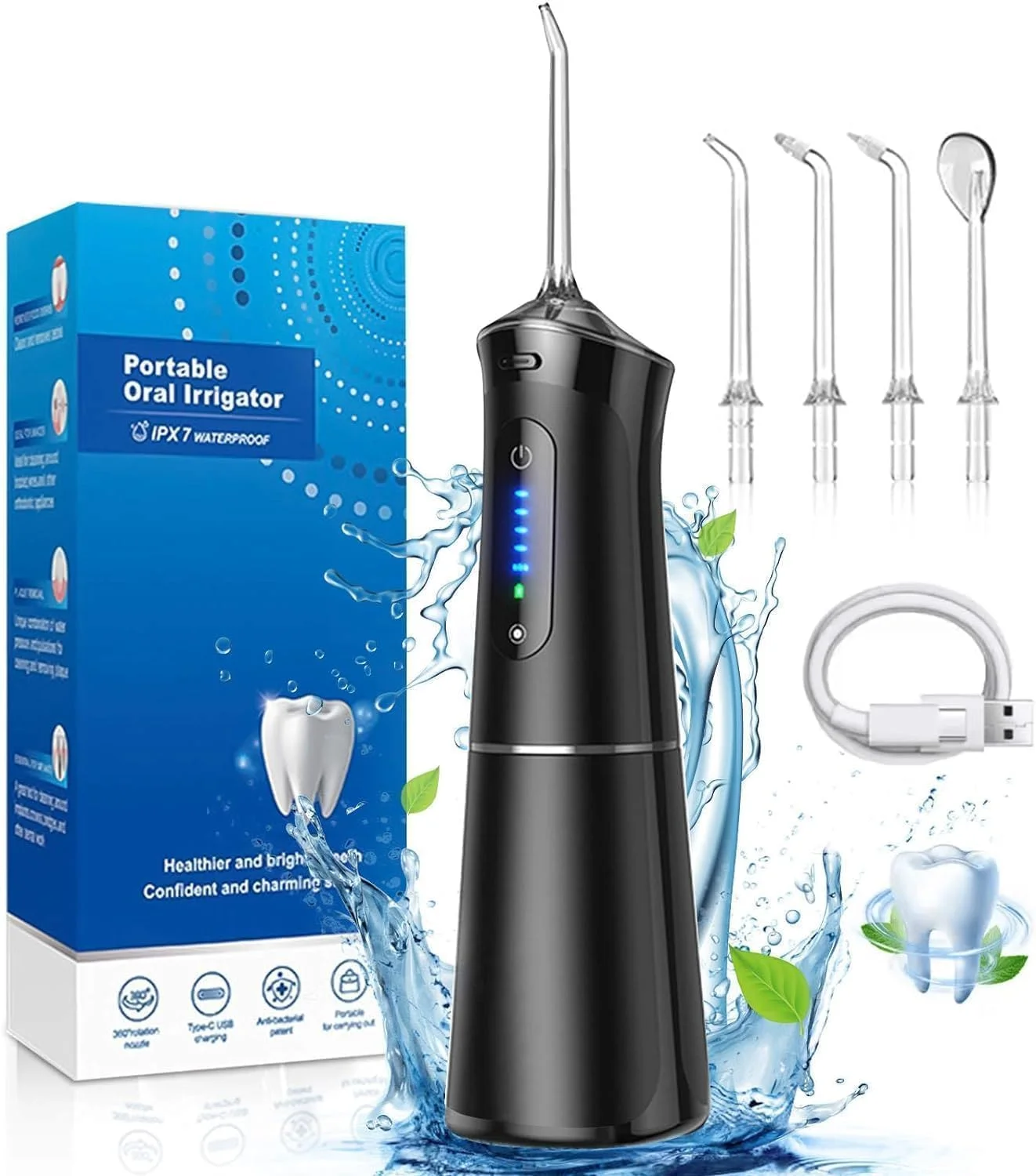 واتر فلاسر دندان، دستگاه شستشوی دهان، نخ دندان آبی، قابل شارژ با USB، نخ دندان برقی برای دندان، دستگاه شستشوی دهان با 5 حالت، واتر فلاسر بی سیم قابل حمل IPX7 ضد آب (مشکی)