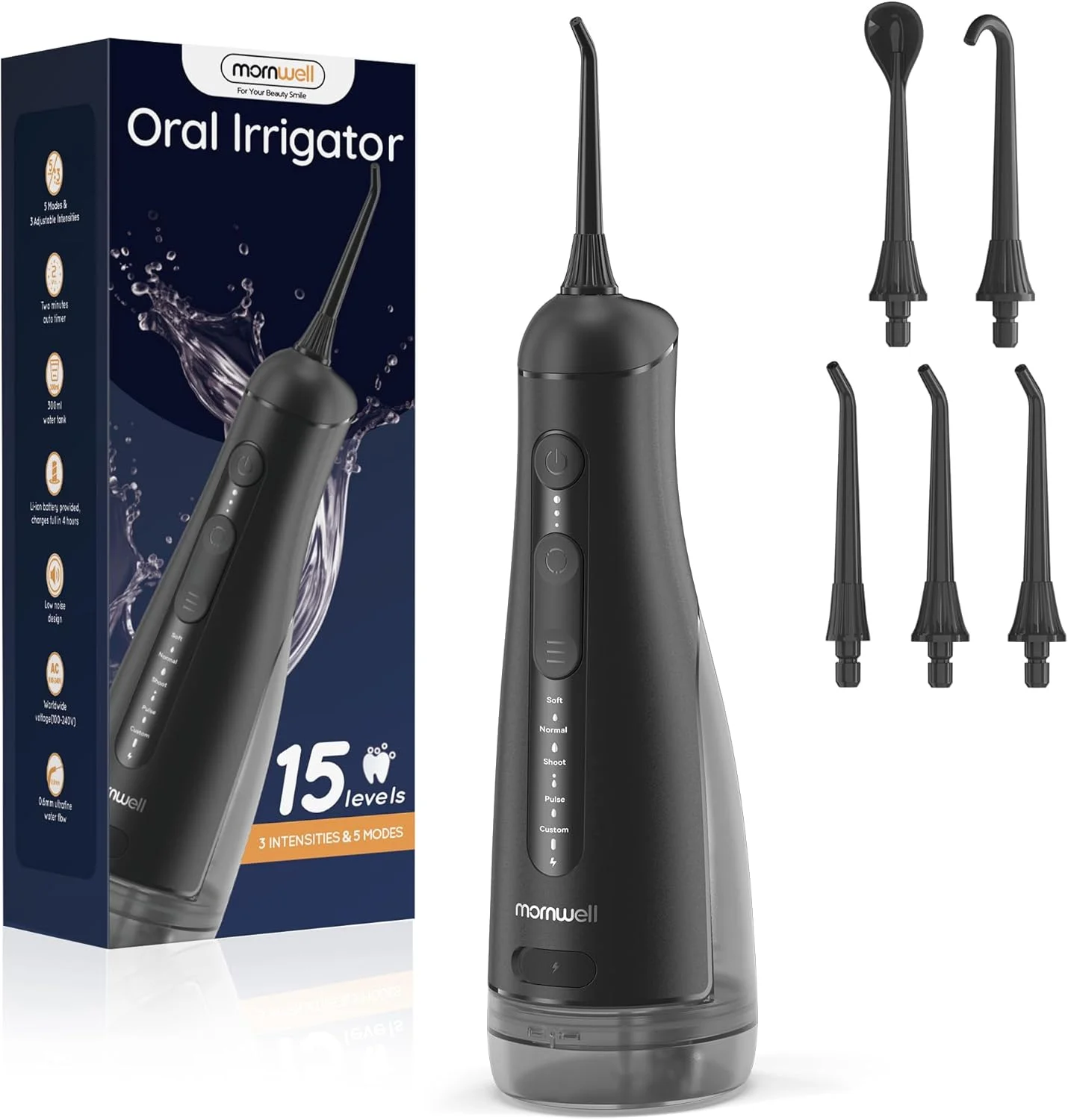 دستگاه نخ دندان آبی Mornwell، تمیز کننده دندان بی سیم، دستگاه برقی نخ دندان و لوازم جانبی آبیاری، دستگاه آبیاری دهان قابل حمل 300 میلی لیتری برای دندان، 5 حالت و 5 نوک جت (مشکی)