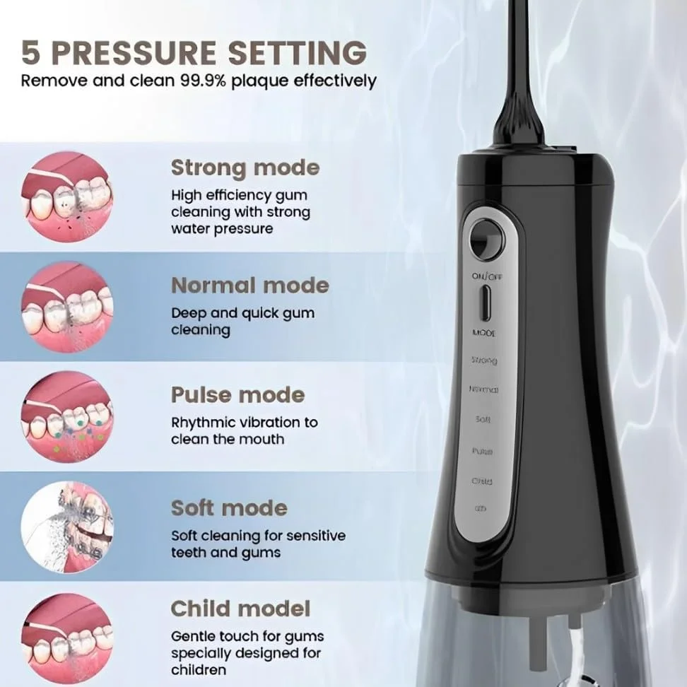 واتر فلاسر دندانی IPX8، بی سیم و قابل حمل، دارای 5 حالت، مخزن آب 300 میلی لیتری، تمیز کننده عمیق 30-180 PSI، تمیز کننده دندان USB قابل شارژ با 6 سری جت