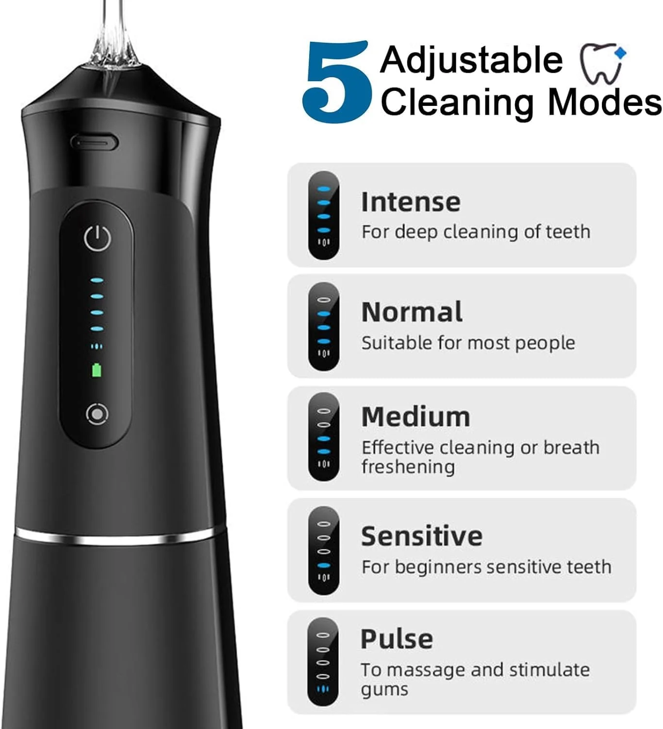 واتر فلاسر دندان، دستگاه شستشوی دهان، نخ دندان آبی، قابل شارژ با USB، نخ دندان برقی برای دندان، دستگاه شستشوی دهان با 5 حالت، واتر فلاسر بی سیم قابل حمل IPX7 ضد آب (مشکی)