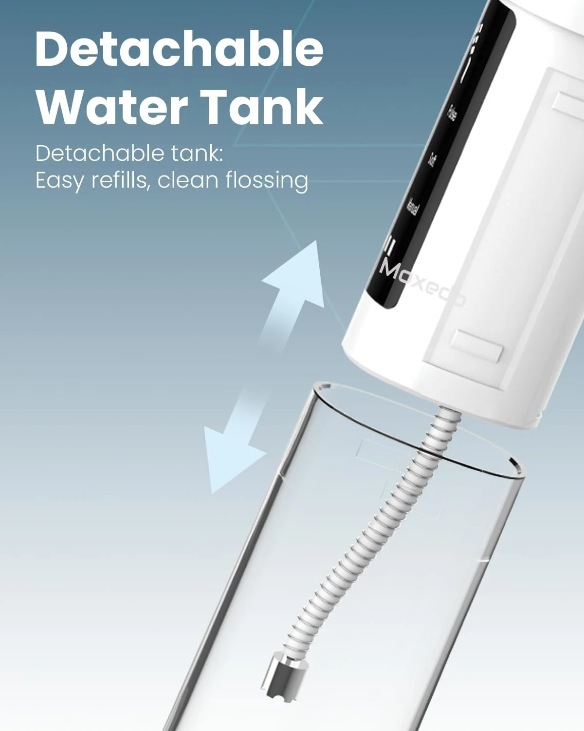 نخ دندان آبی بی سیم Moxedo برای دندان، ارتودنسی، ایمپلنت، لثه و مسافرت، 6 حالت، 4 نازل، شارژ USB-C، مخزن جداشدنی 180 میلی لیتری، ضد آب IPX7 و قابل حمل