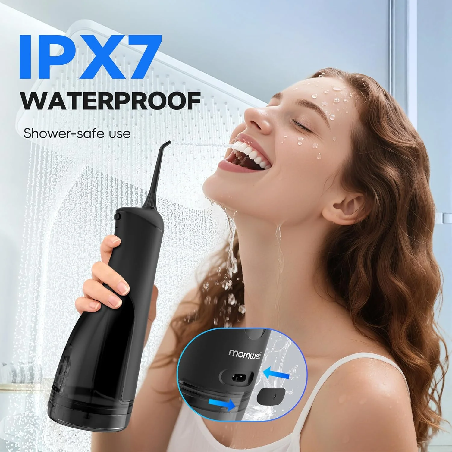 دستگاه نخ دندان آبی Mornwell، تمیز کننده دندان بی سیم، دستگاه برقی نخ دندان و لوازم جانبی آبیاری، دستگاه آبیاری دهان قابل حمل 300 میلی لیتری برای دندان، 5 حالت و 5 نوک جت (مشکی)