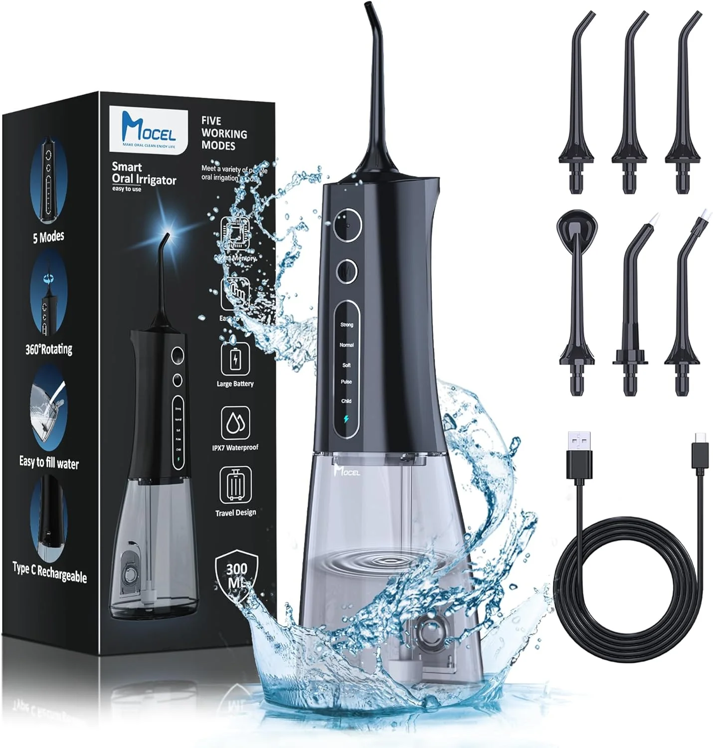 دستگاه نخ دندان آبی بی سیم Mocel، تمیز کننده دندان، 5 حالت، حجم 300 میلی لیتر، قابل حمل، کابل USB C، ضد آب IPX7، مناسب برای تمیز کردن دندان در خانه و مسافرت (مشکی)