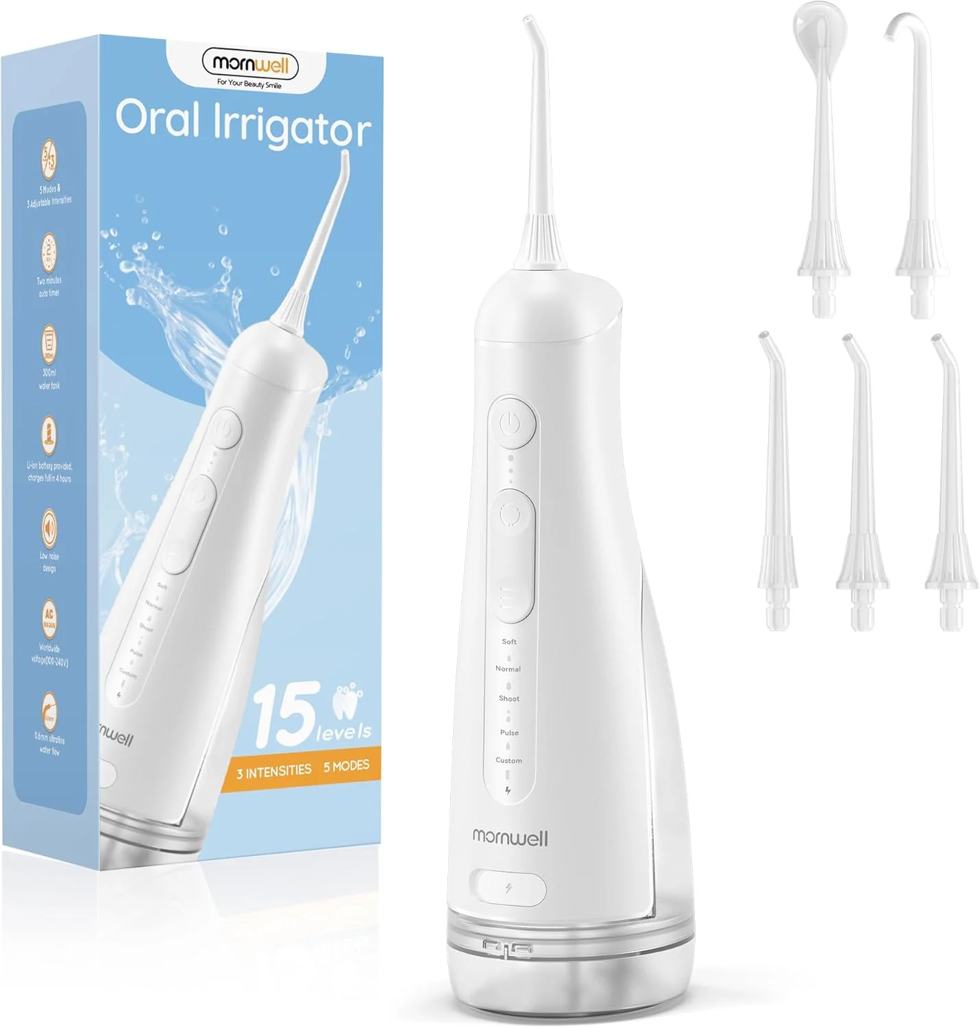 دستگاه نخ دندان آبی بی سیم Mornwell برای تمیز کردن دندان، سفید