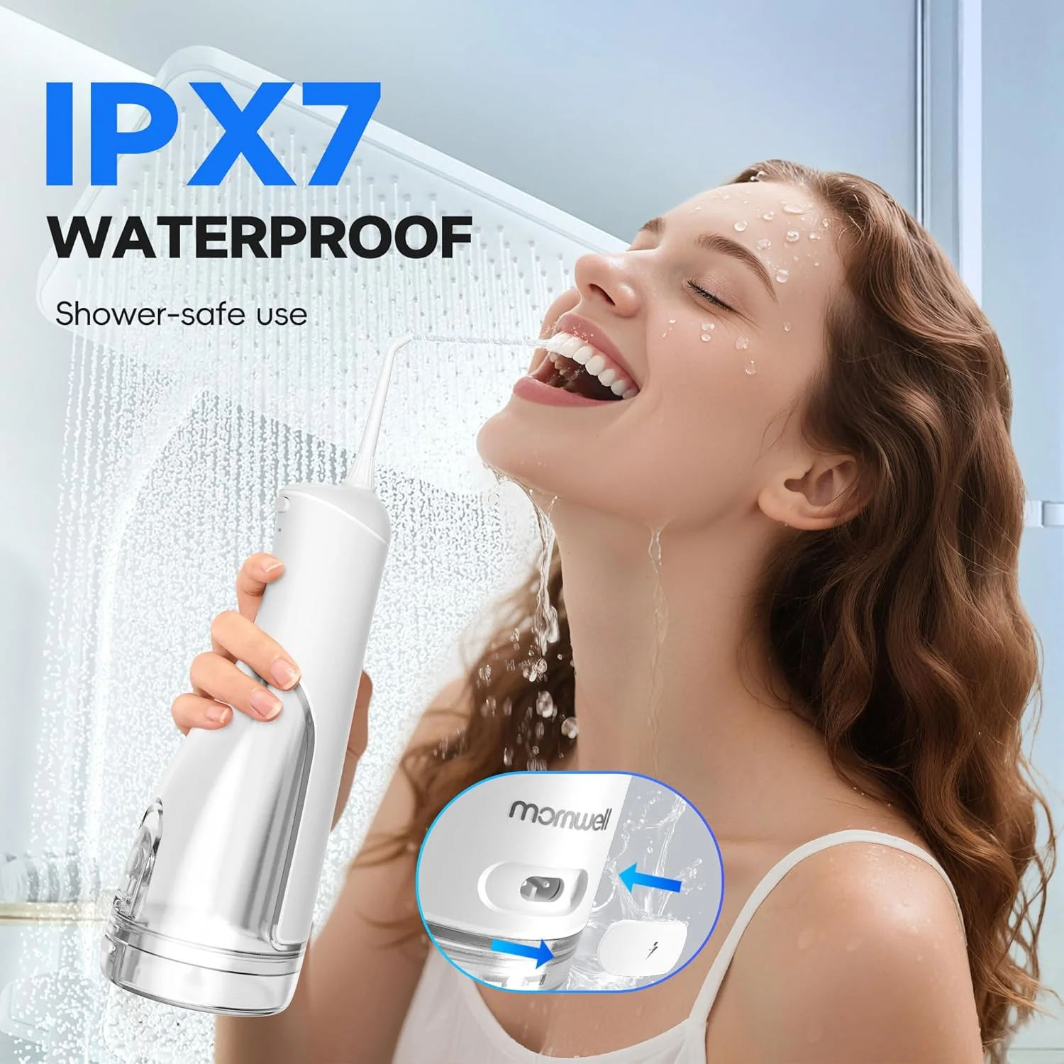 دستگاه نخ دندان آبی بی سیم Mornwell برای تمیز کردن دندان، سفید