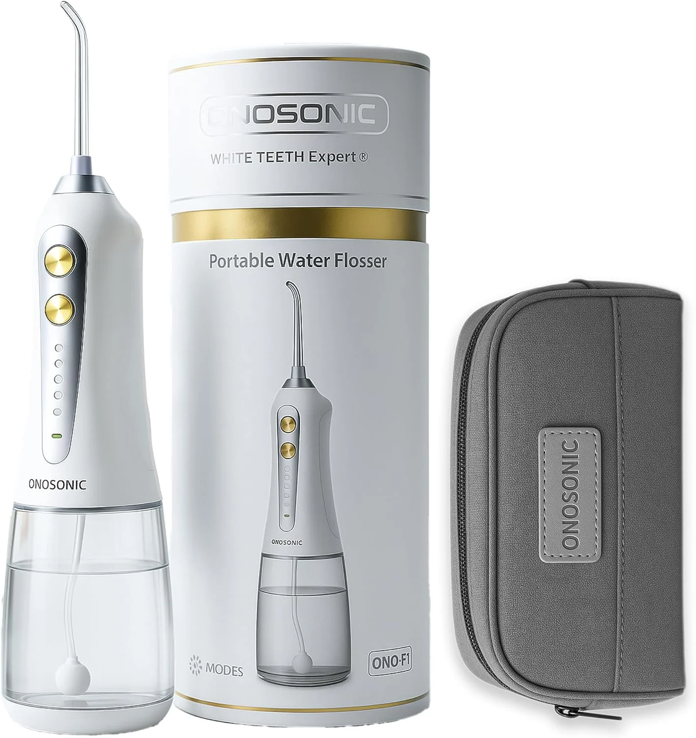 دستگاه شستشوی دهان و دندان ONOSONIC WHITE TEETH EXPERT® ONO-F1 – بدون سیم | مخزن 300 میلی لیتری | شارژ USB-C | کیف مسافرتی | 5 حالت و 5 سری | مناسب برای ارتودنسی، ایمپلنت، بریج و مراقبت از لثه