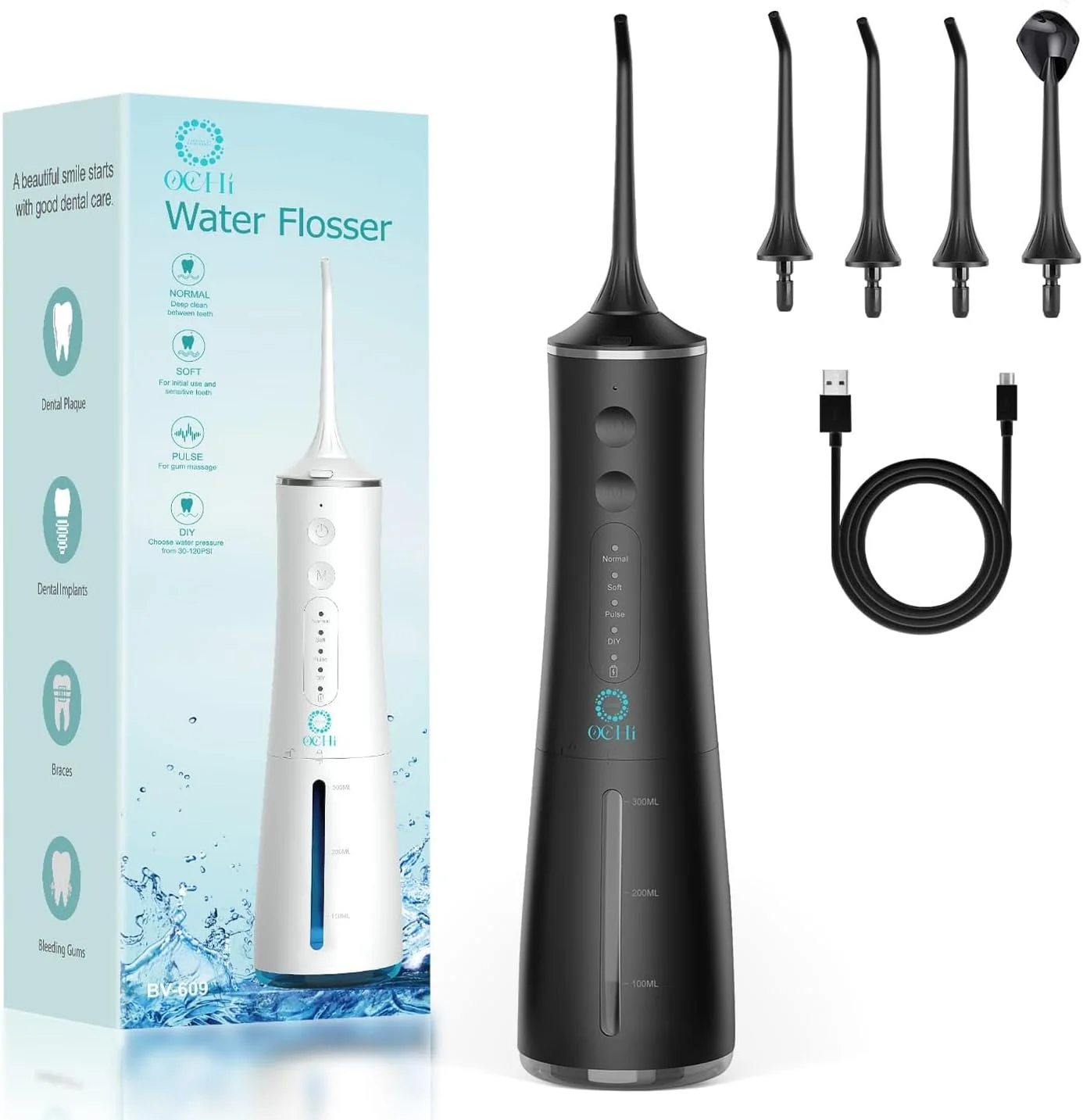 دستگاه نخ دندان آبی بی‌سیم OCHI - دستگاه حرفه‌ای تمیز کننده دندان با 4 حالت، قابل شارژ با USB، 4 نازل و چرخش 360 درجه برای مراقبت موثر از دهان و دندان (مشکی)