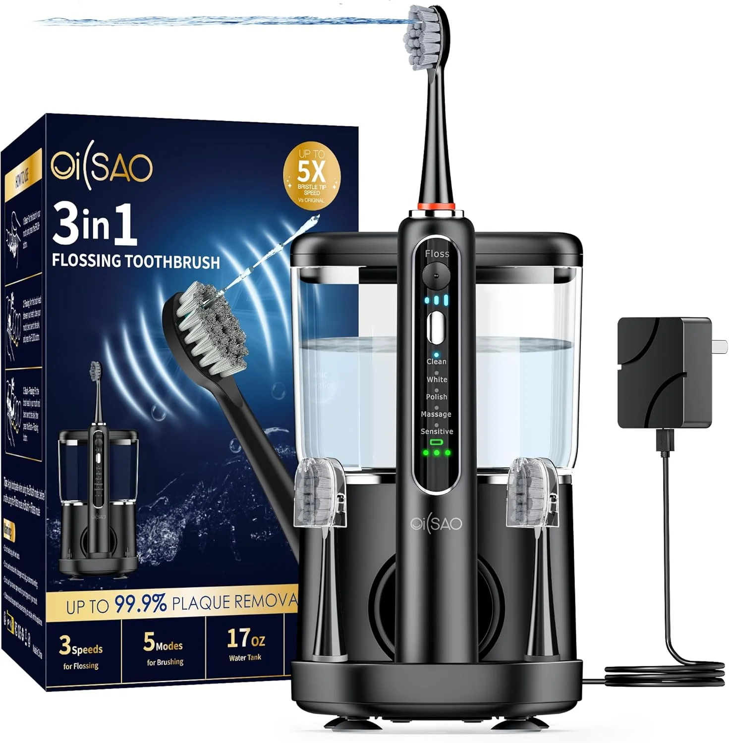 مسواک برقی OILSAO با نخ دندان آبی ترکیبی، مسواک نخ دندان حرفه ای برای تمیز کردن دندان و نخ دندان کشیدن، حذف پلاک، قابل شارژ، با 5 سری مسواک جایگزین