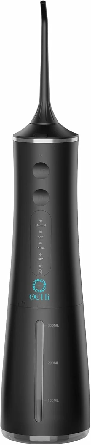 دستگاه نخ دندان آبی بی‌سیم OCHI - دستگاه حرفه‌ای تمیز کننده دندان با 4 حالت، قابل شارژ با USB، 4 نازل و چرخش 360 درجه برای مراقبت موثر از دهان و دندان (مشکی)