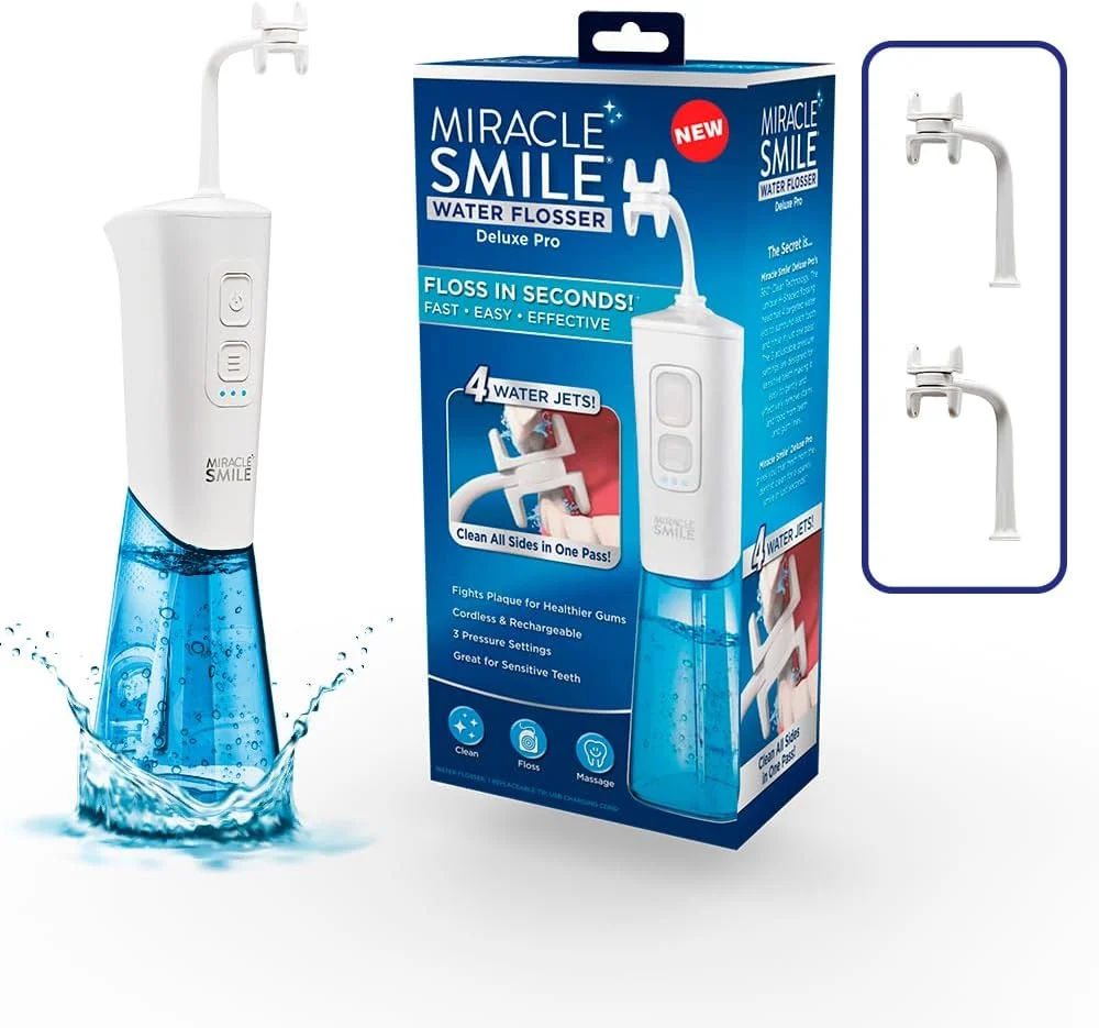 دستگاه پاک کننده دندان و لثه اونتل Miracle Smile، دارای سر منحصربفرد H شکل و 4 جت آب، پاک کننده دندان بدون سیم با قابلیت چرخش 360 درجه و 3 حالت فشار، نخ دندان قابل شارژ USB، سفید