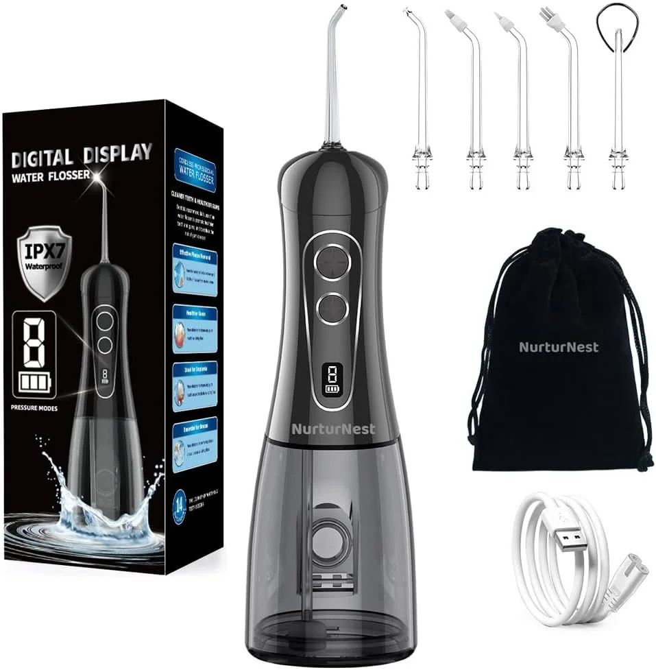 دستگاه شستشوی دهان و دندان NurturNest، دستگاه آبی قابل حمل برای دندان، IPX7 ضد آب با 8 حالت، ظرفیت بزرگ 400 میلی لیتر برای خانه و مسافرت، مشکی