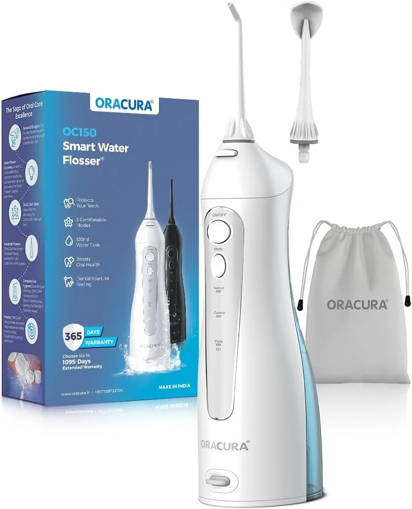 دستگاه نخ دندان آبی هوشمند اوراکورا مدل OC150 LITE با مخزن 150 میلی لیتری | قابل حمل و شارژ با USB، ضد آب IPX7 | دارای 3 حالت | 2 نازل | مناسب برای استفاده در خانه و مسافرت (سفید)