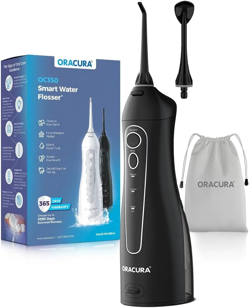 دستگاه نخ دندان آبی هوشمند ORACURA مدل OC150 LITE با مخزن 150 میلی لیتری | قابل حمل، شارژی و ضد آب IPX7 | دارای 3 حالت | 2 نازل | مناسب برای استفاده در خانه و مسافرت | شارژ از طریق USB (مشکی)