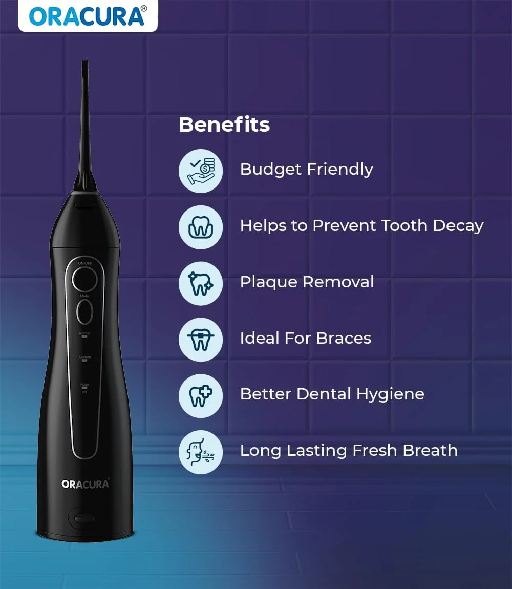 دستگاه نخ دندان آبی هوشمند ORACURA مدل OC150 LITE با مخزن 150 میلی لیتری | قابل حمل، شارژی و ضد آب IPX7 | دارای 3 حالت | 2 نازل | مناسب برای استفاده در خانه و مسافرت | شارژ از طریق USB (مشکی)