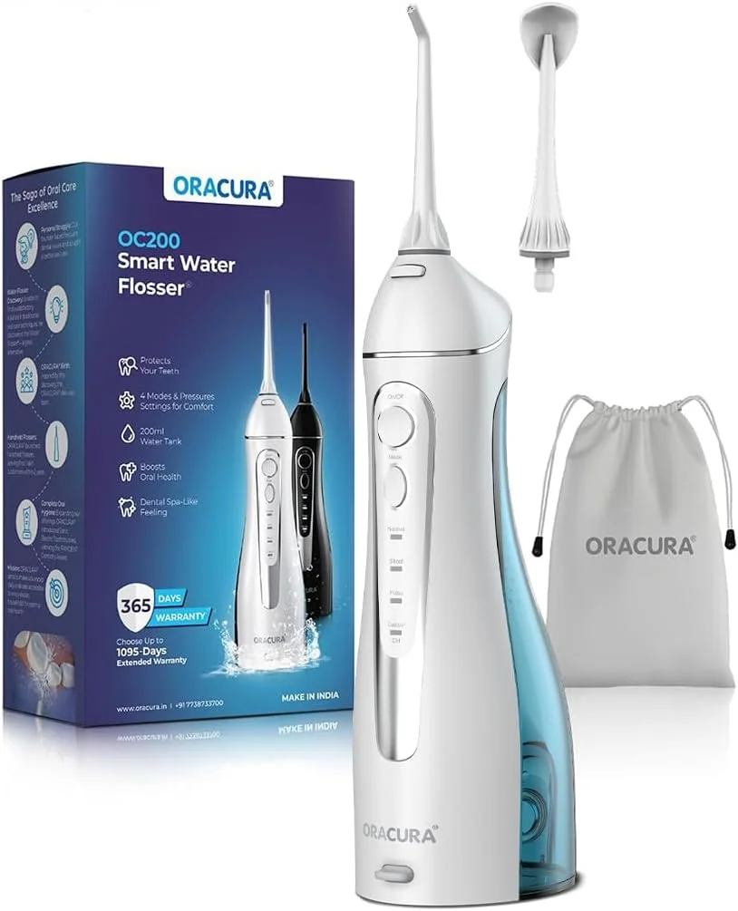 واتر فلاسر هوشمند ORACURA® OC200 LITE Smart PLUS – مخزن آب 200 میلی لیتری – 2 عدد نازل – 8 تنظیم فشار آب – 4 حالت عملکرد – ضد آب IPX7 – قابل شارژ USB (سفید)