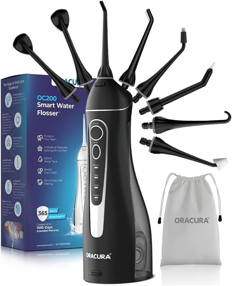 دستگاه نخ دندان آبی هوشمند ORACURA® OC200 Dental PRO Smart PLUS | دارای 8 سری نازل | 8 حالت فشار آب | مخزن 200 میلی لیتری | قابل شارژ و ضد آب IPX7 | مراقبت از دهان مناسب سفر (مشکی)