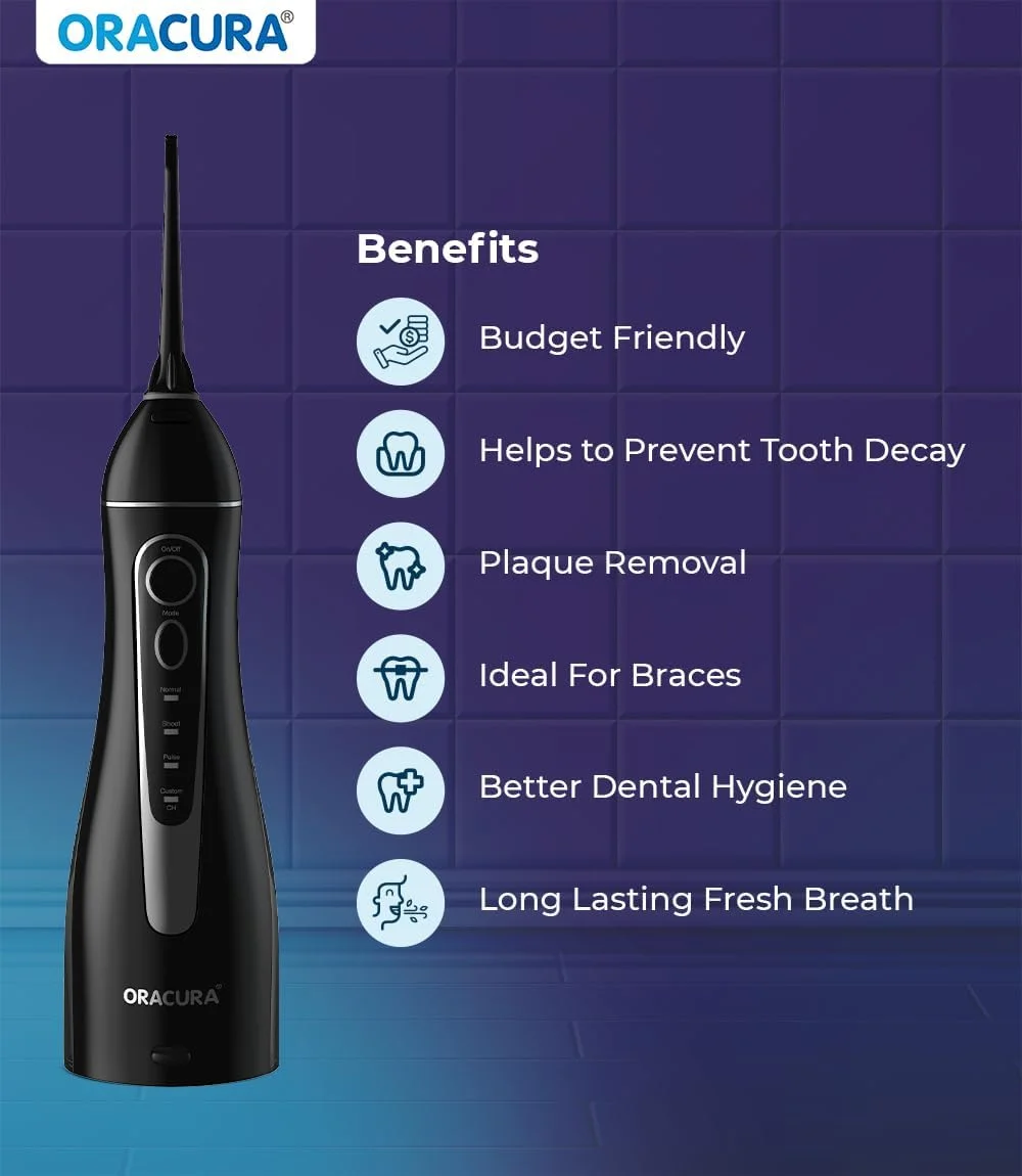 دستگاه نخ دندان آبی هوشمند ORACURA® OC200 Dental PRO Smart PLUS | دارای 8 سری نازل | 8 حالت فشار آب | مخزن 200 میلی لیتری | قابل شارژ و ضد آب IPX7 | مراقبت از دهان مناسب سفر (مشکی)
