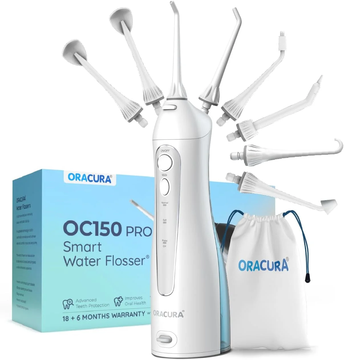 دستگاه واتر فلاسر هوشمند دندان ORACURA® OC150 Dental PRO سفید | ظرفیت مخزن آب ۱۵۰ میلی لیتر | ۳ حالت | ضد آب IPX7