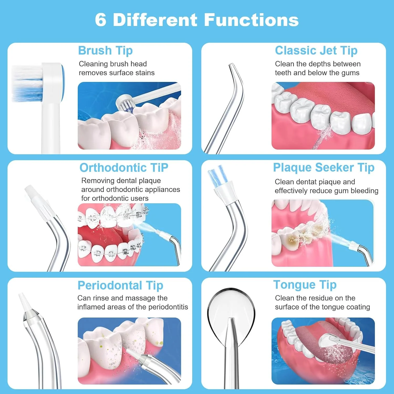 نازل دستگاه شستشوی دهان برای Waterpik، مجموعه 7 عددی سری جایگزین دستگاه نخ دندان آبی، سری پلاک یاب سازگار با Waterpik، سری های جت کلاسیک بادوام، سری های پریودنتال برای تمیز کردن دندان ها و لثه های دارای براکت