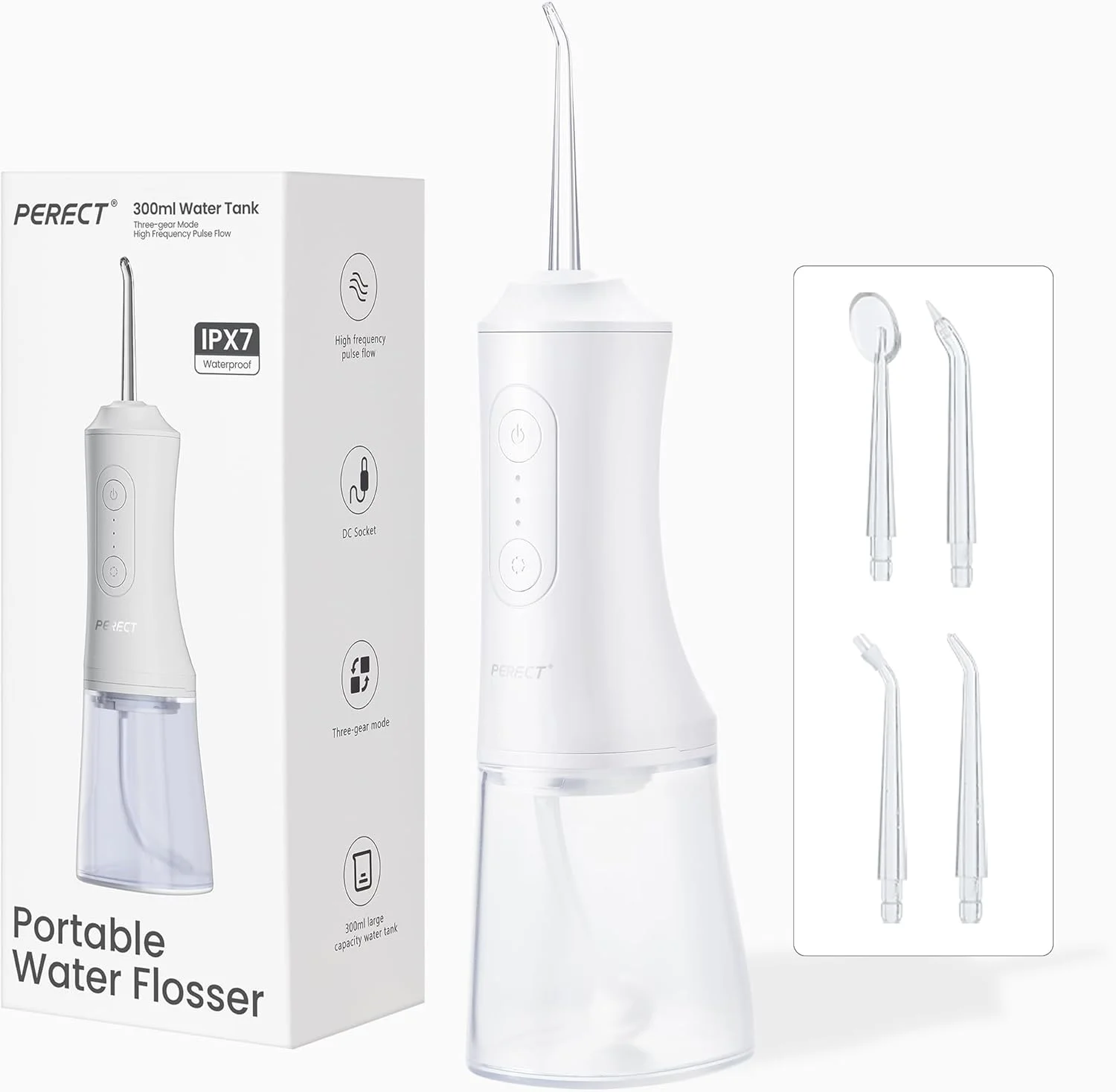 واترجت دندانی PERECT با مخزن آب 300 میلی لیتری، 3 حالت، 4 نازل قابل تعویض، واتر جت دندان بی سیم، ضد آب IPX7، واتر جت دندانی برای تمیز کردن دندان در خانه و مسافرت (سفید)