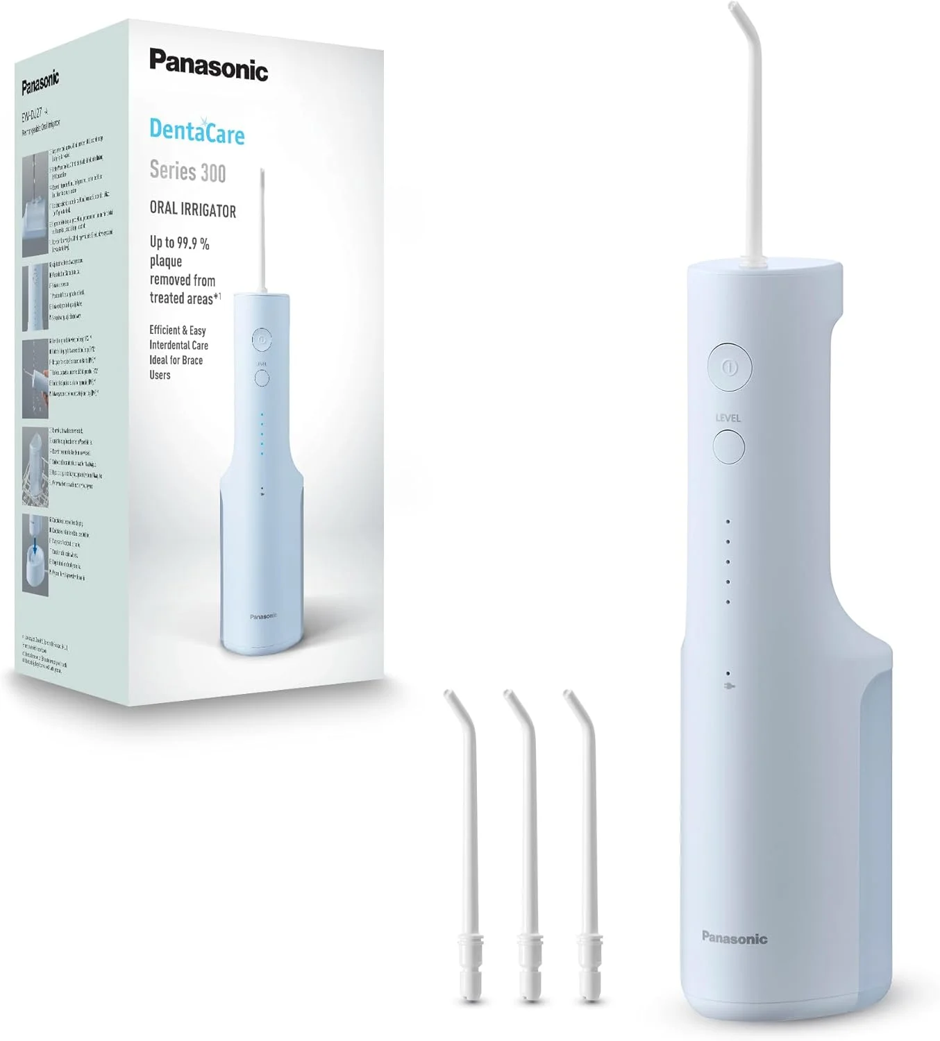 آب‌فشان دهانی پاناسونیک سری 300 مدل EW-DJ27-A303، آب‌فشان دندان، آب‌فشان دهانی بی‌سیم، 200 میلی‌لیتر، IPX7، 4 نازل استاندارد، 5 سطح فشار آب، لوازم جانبی مسافرتی، آبی یخی