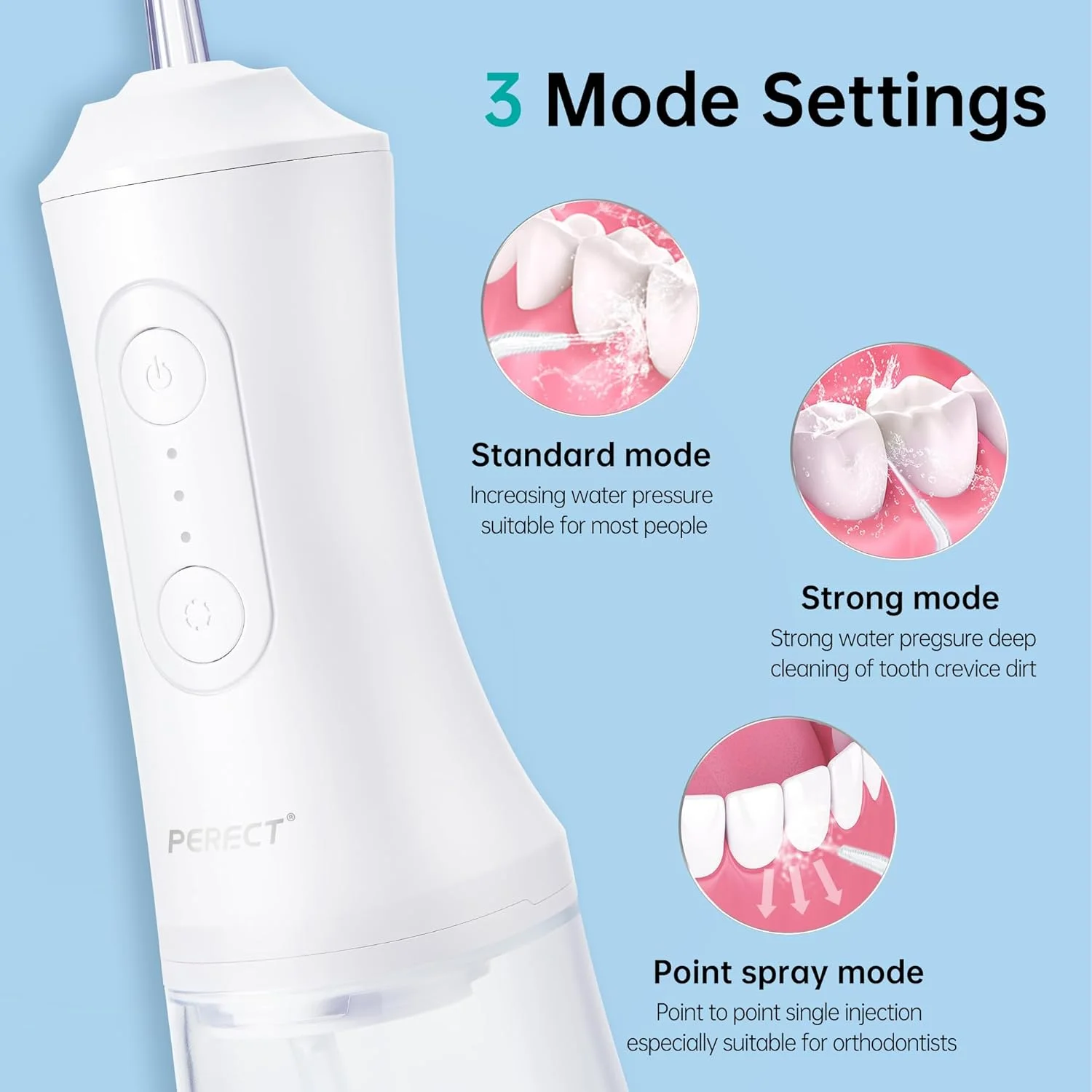 واترجت دندانی PERECT با مخزن آب 300 میلی لیتری، 3 حالت، 4 نازل قابل تعویض، واتر جت دندان بی سیم، ضد آب IPX7، واتر جت دندانی برای تمیز کردن دندان در خانه و مسافرت (سفید)