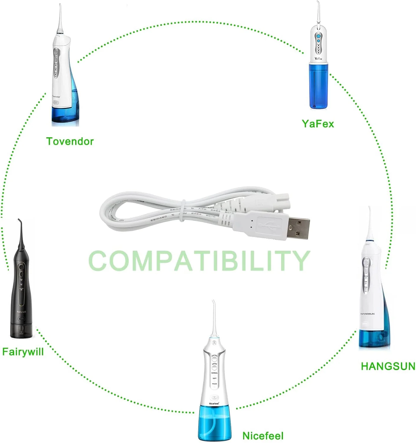 کابل شارژ جایگزین PDEEY برای دستگاه های نخ دندان آبی نیکول، اینسمارت، نایس فیل، فیری ویل، تو وندور، یافکس و هانگسان، بسته 2 عددی