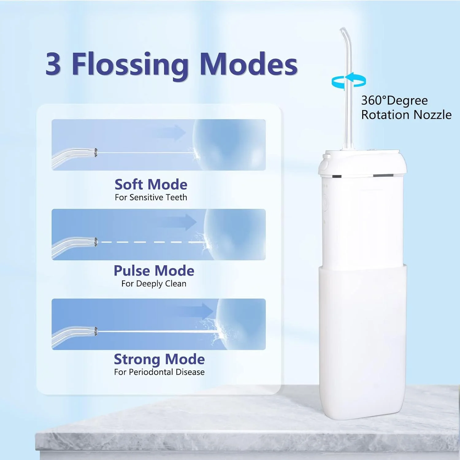 واتر فلاسر قابل حمل، مینی نخ دندان آبی بی سیم، پاک کننده دندان آبی برای مسافرت و خانه، واتر فلاسر برای دندان، لثه، ارتودنسی، مراقبت از دندان، مخزن آب تلسکوپی، 3 حالت، ضد آب IPX8