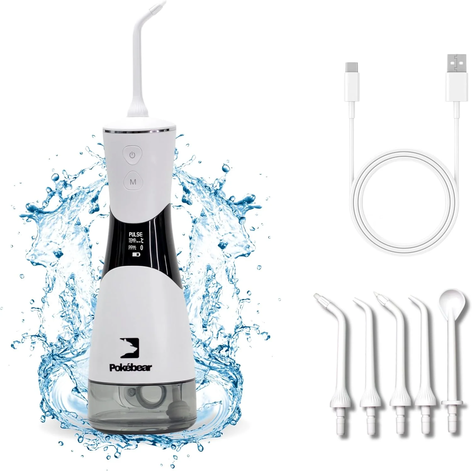 واتر فلاسر برای نخ دندان قدرتمند و تمیز کردن دندان | دستگاه آبی قابل حمل و بی سیم برای ارتودنسی با صفحه نمایش LED، مخزن آب 350 میلی لیتری، 5 حالت فشار، 5 نازل، IPX7، قابل شارژ