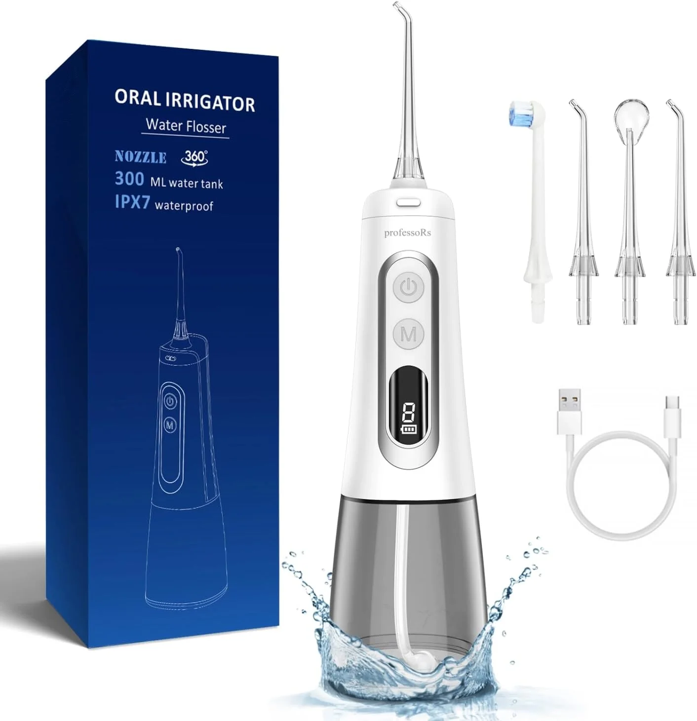 دستگاه شستشوی دهان و دندان (مدل جدید با باتری 2000mAh و 9 حالت کاری)، دستگاه قابل حمل، طراحی توپ گرانشی، آبیاری دهان و دندان بی سیم، صفحه نمایش HD، ضد آب IPX7، ظرفیت 300 میلی لیتر، سفید