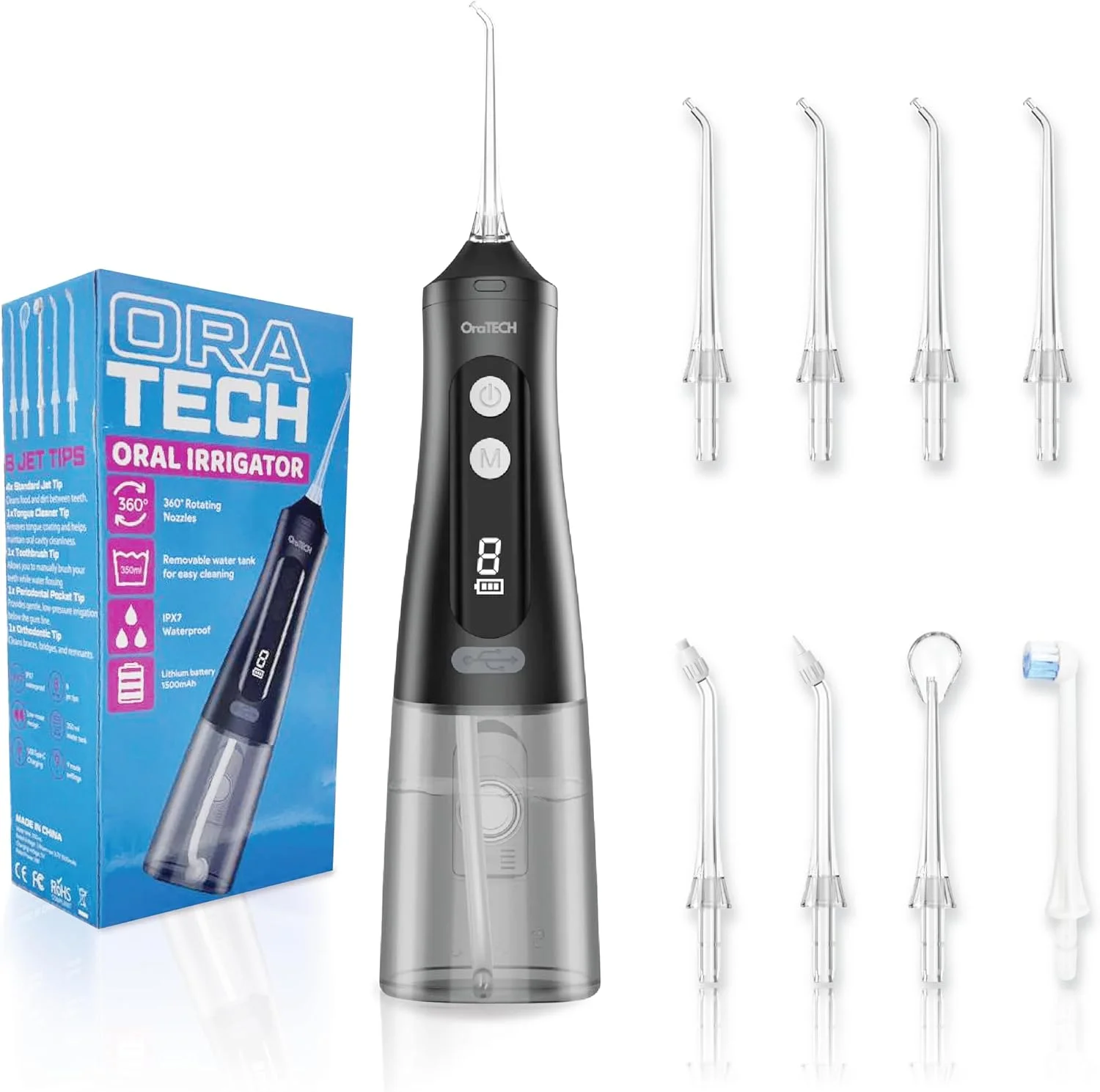 دستگاه شستشوی دهان و دندان OraTECH، نخ دندان آبی قابل حمل و بی سیم 350 میلی لیتر، قابل شارژ، ضد آب IPX7، مناسب برای تمیز کردن دندان (مشکی)
