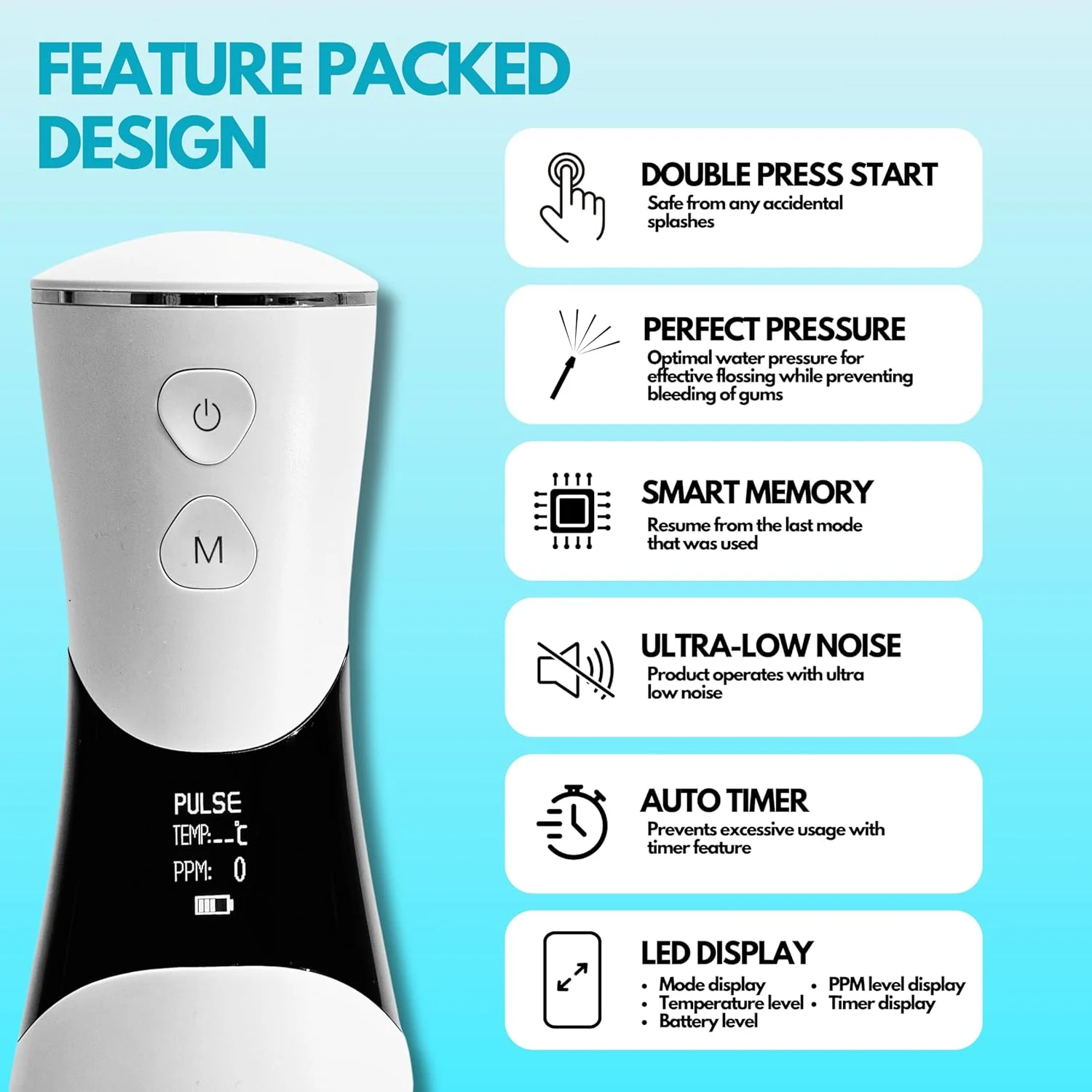 واتر فلاسر برای نخ دندان قدرتمند و تمیز کردن دندان | دستگاه آبی قابل حمل و بی سیم برای ارتودنسی با صفحه نمایش LED، مخزن آب 350 میلی لیتری، 5 حالت فشار، 5 نازل، IPX7، قابل شارژ