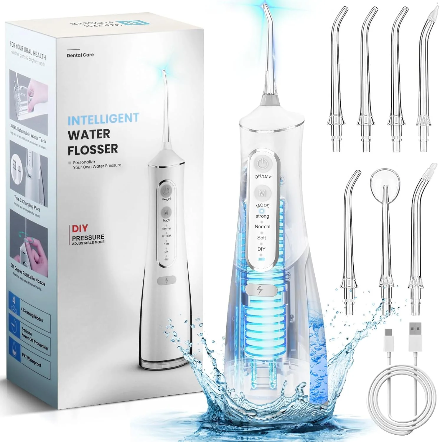 واتر فلاسر دندان، نخ دندان آبی برقی قابل حمل و شارژی، دارای 5 حالت، مخزن 300 میلی لیتری، ضد آب IPX7 و 8 سری جت، ابزار مراقبت از دندان در خانه و مسافرت