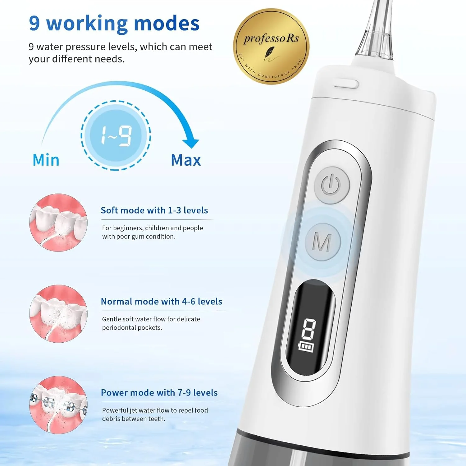 دستگاه شستشوی دهان و دندان (مدل جدید با باتری 2000mAh و 9 حالت کاری)، دستگاه قابل حمل، طراحی توپ گرانشی، آبیاری دهان و دندان بی سیم، صفحه نمایش HD، ضد آب IPX7، ظرفیت 300 میلی لیتر، سفید
