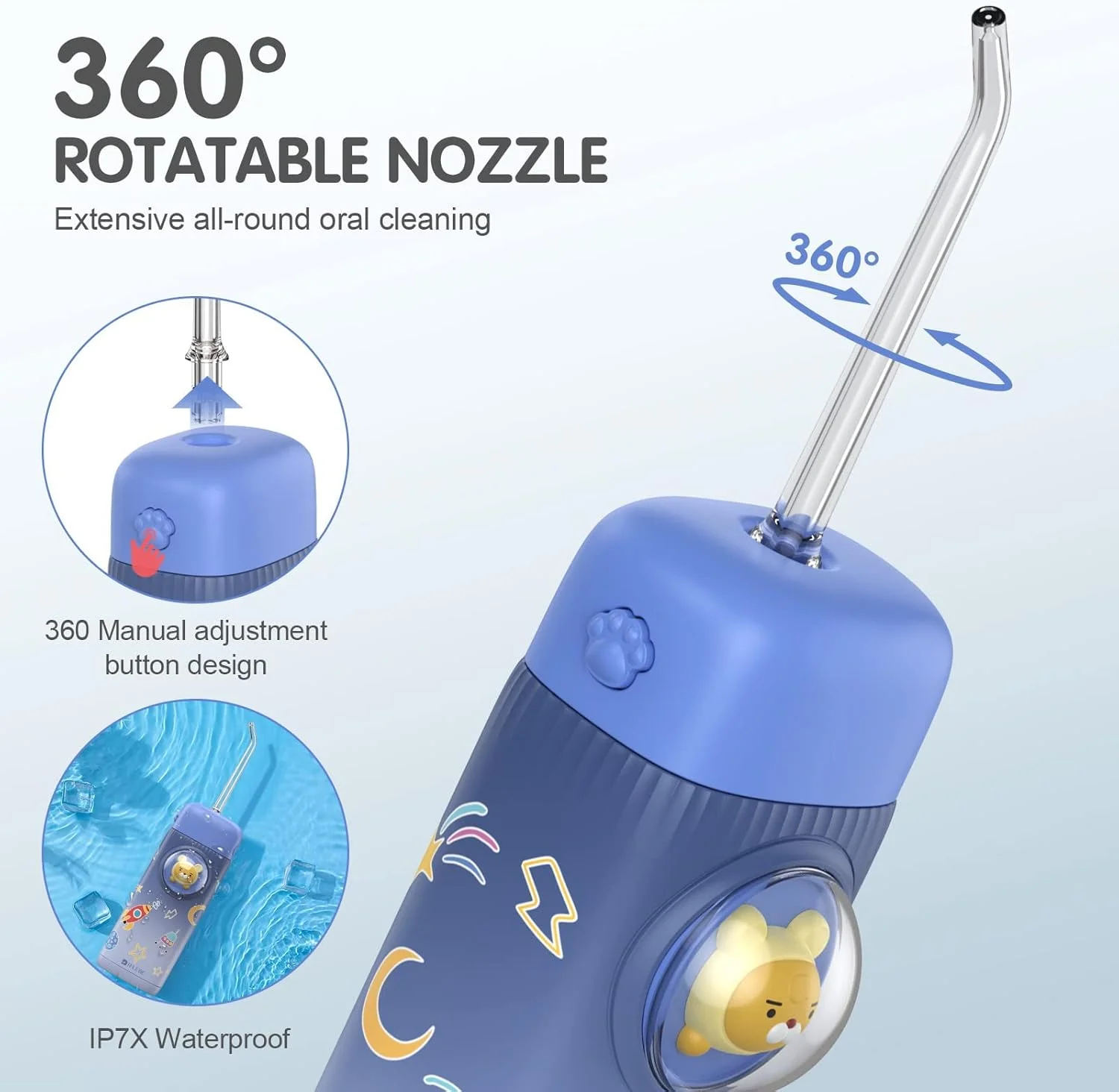 واتر فلاسر کودکانه، واتر فلاسر قابل حمل و بی سیم برای تمیز کردن دندان ها و مراقبت از لثه، دستگاه آبی دهان قابل شارژ با 4 سری و 2 حالت، ضد آب IPX7 برای مسافرت و خانه (آبی)