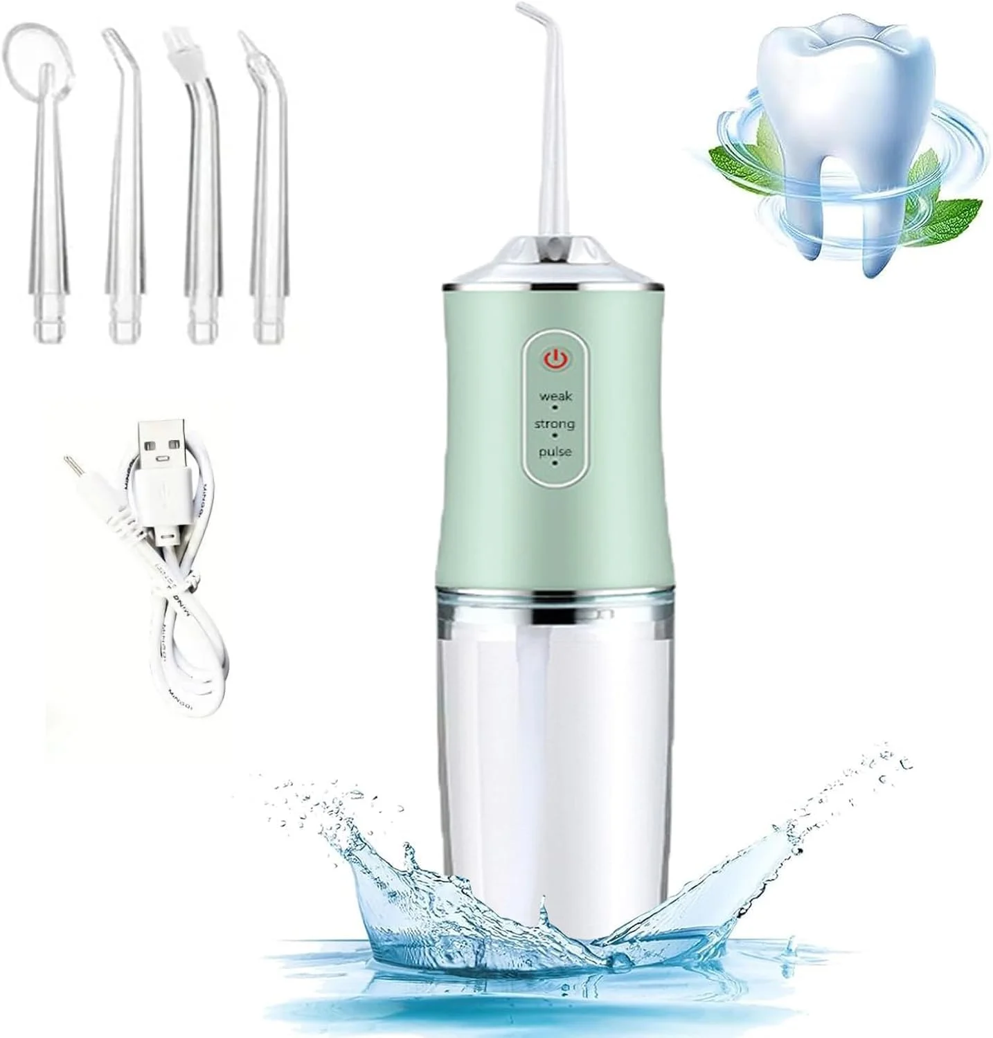دستگاه نخ دندان آبی قابل حمل، انتخاب کننده دندان، پیشرفته بی سیم، ضد آب IPX7، برای تمیز کردن دندان با 4 سری جت (سبز)